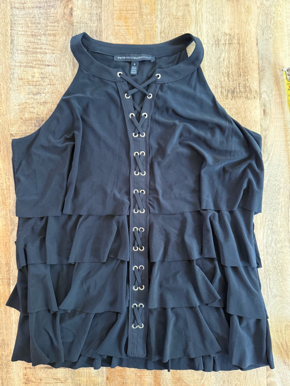 White House Black Market Black Lace-Up Ruffle Sleeveless Top Size S